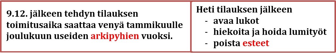 9.12. jälkeen tehdyn tilauksen toimitusaika saattaa venyä tammikuulle joulukuun useiden arkipyhien vuoksi. Heti tilauksen jälkeen
-	avaa lukot
-	hiekoita ja hoida lumityöt
-	poista esteet